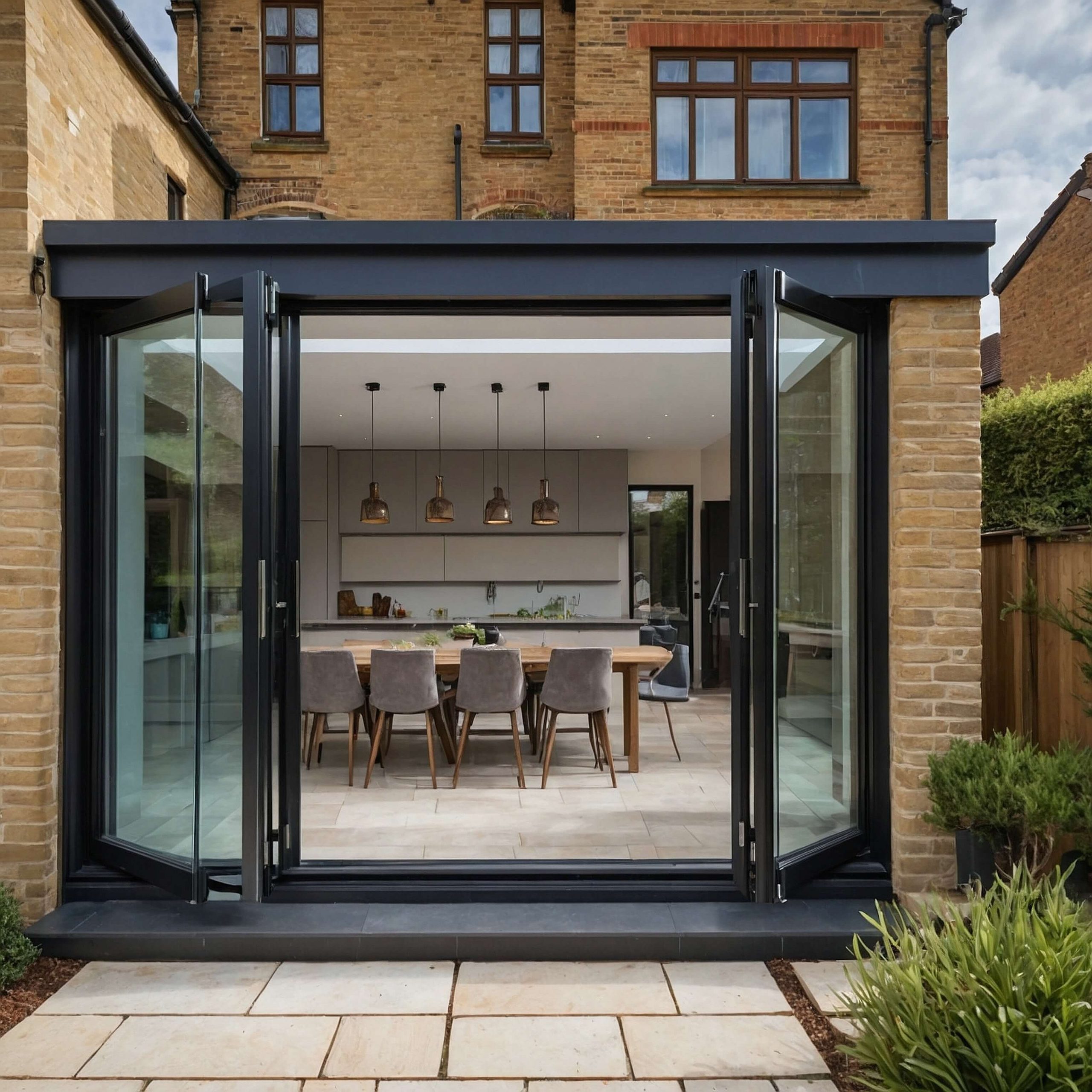 Aluminium bifold doors installed in a modern home, creating a seamless transition between the indoor dining area and outdoor patio.