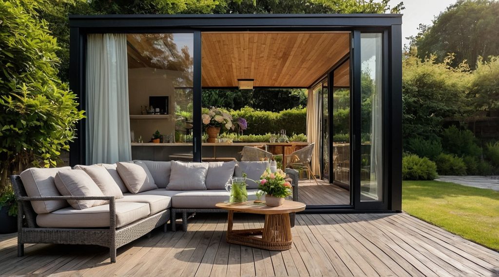 Modern garden room with wide black sliding aluminium doors, outdoor seating area, and lush green surroundings on a wooden deck during a warm summer day.