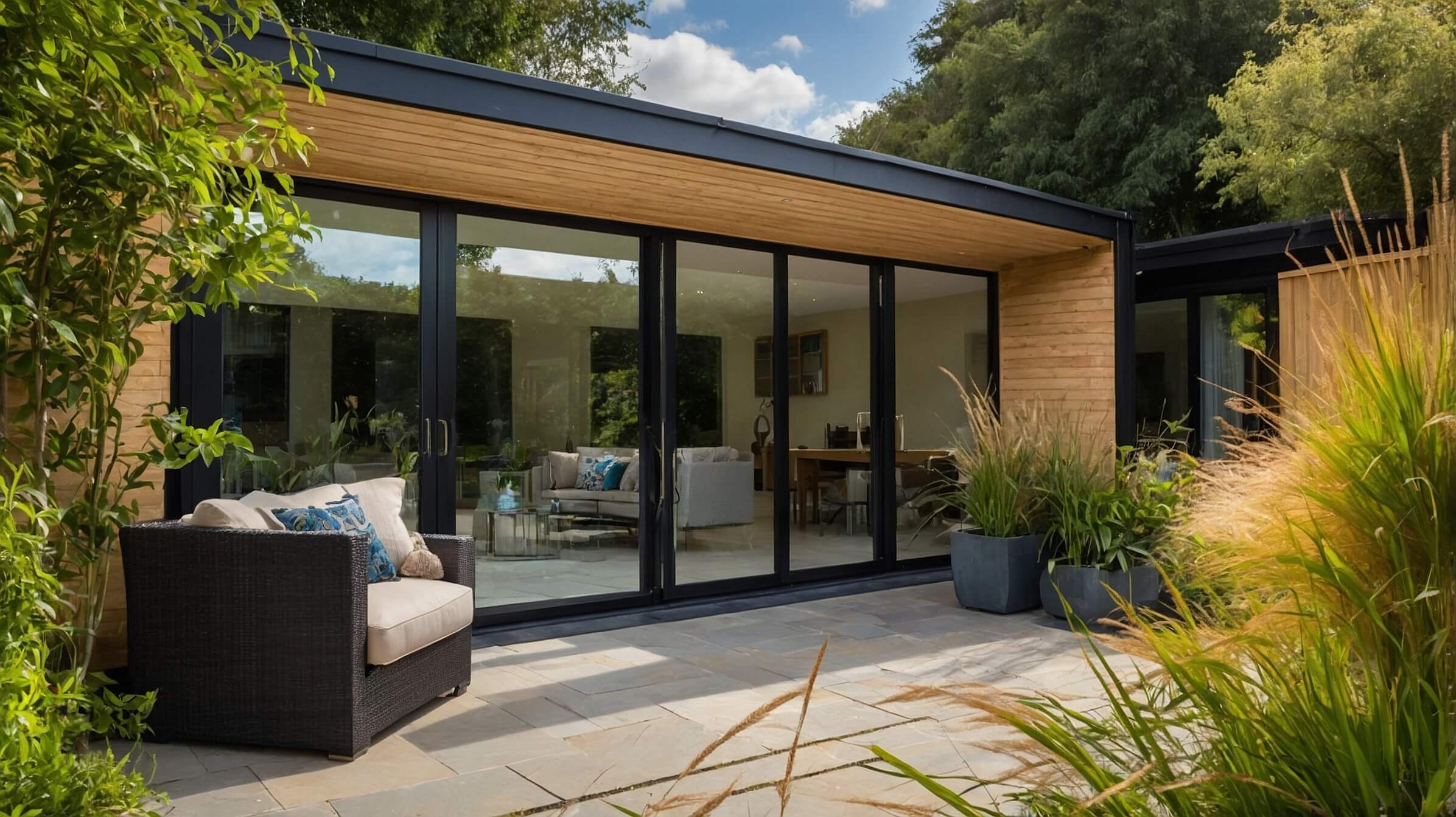 A modern British garden room with black bi-folding doors, surrounded by lush greenery and cosy outdoor seating on a warm summer afternoon.